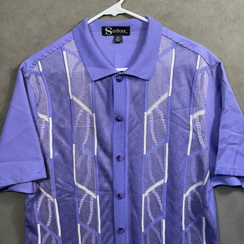 Silversilk Knit Front Shirt Mens Medium Purple Geometric Button Down Excellent